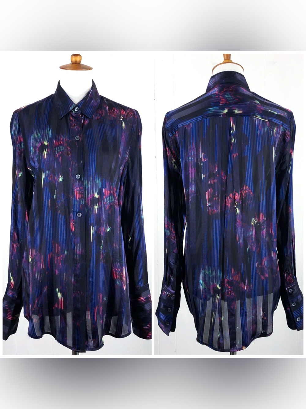 Equipment Silk Blend Sheer Button Front Blouse Abstract Stripe Size Small Blue